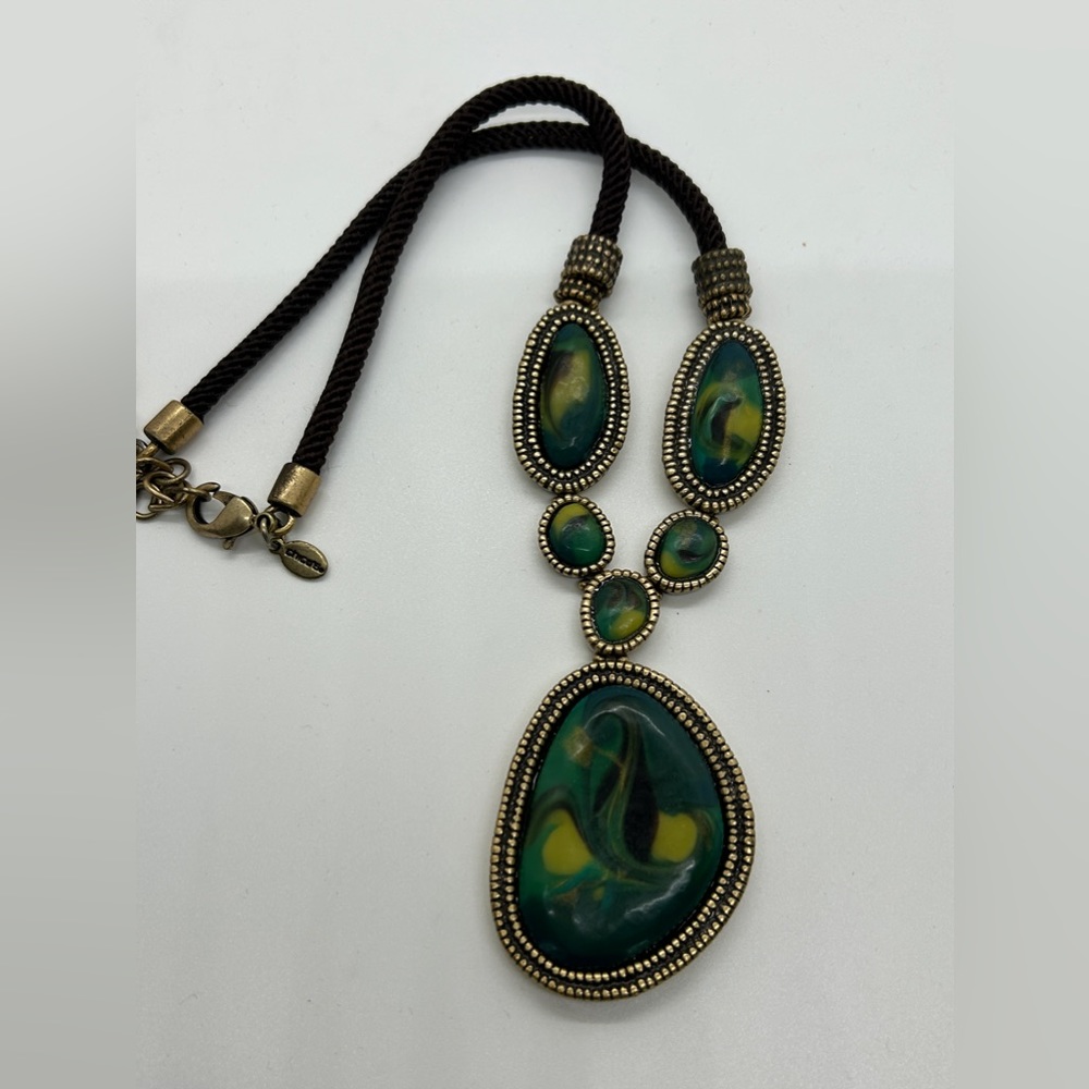 Chico’s Faux Turquoise Short Necklace with lobster clasp and brown cording